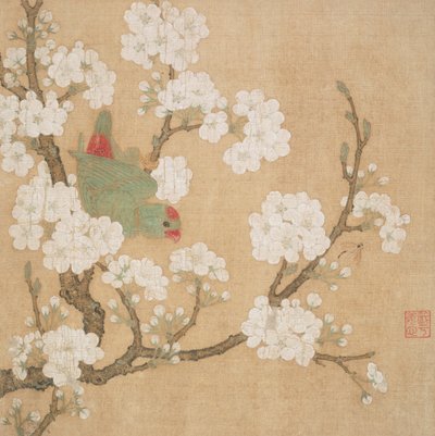 Parrot and Insect Among Pear Blossoms by Huang Jucai